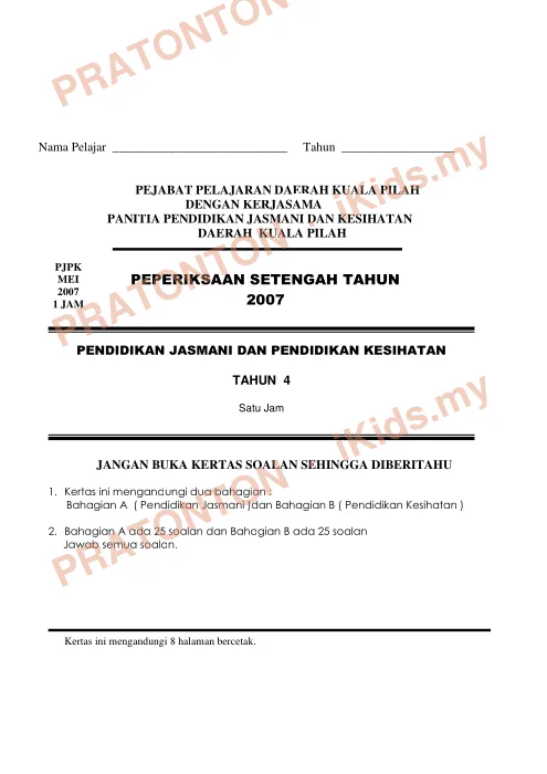 Pratonton muka 1 lembaran Ujian Akhir Tahun Pendidikan Kesihatan 19 — Pendidikan Kesihatan Tahun 4