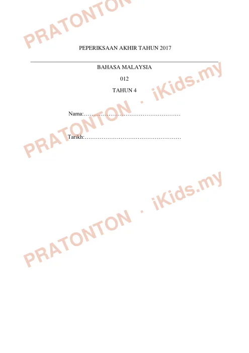 Pratonton muka 1 lembaran Ujian Akhir Tahun (Penulisan) — Bahasa Melayu Tahun 4