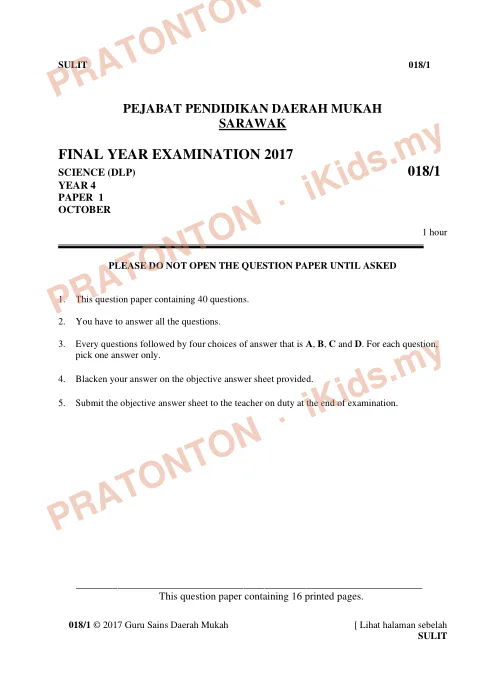 Pratonton muka 1 lembaran Ujian Akhir Tahun Sains 3 — Sains Tahun 4