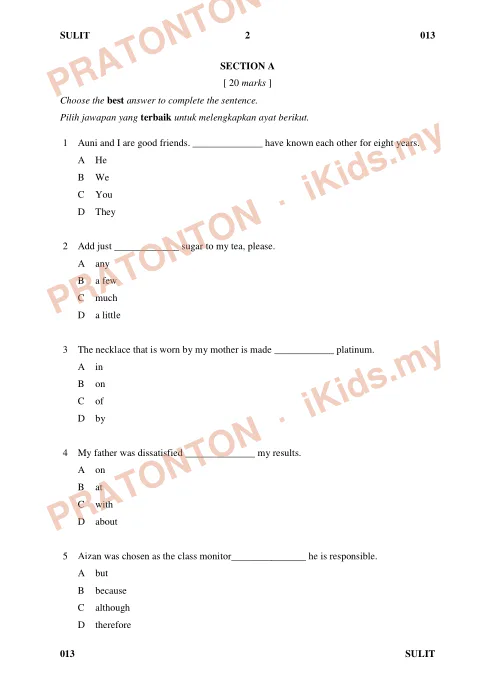 Pratonton muka 1 lembaran Ujian Bahasa Inggeris Tahun 5 — Pemahaman Bahagian A (20 Markah) — Bahasa Inggeris Tahun 5