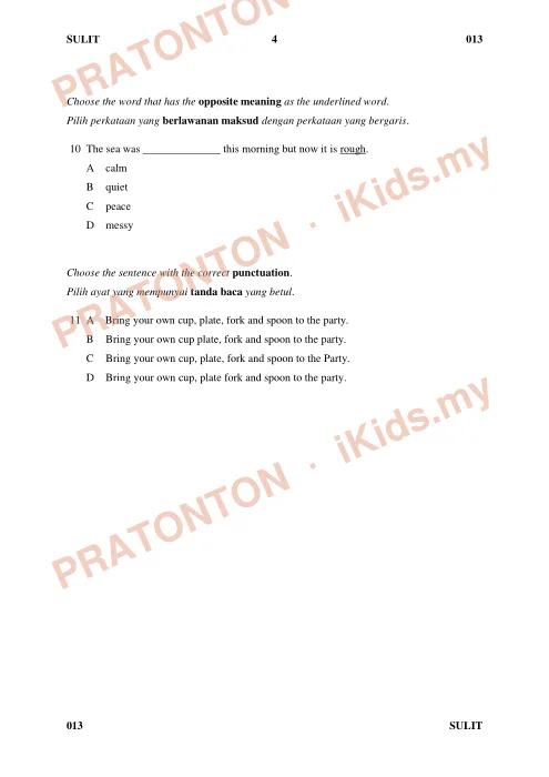 Pratonton muka 3 lembaran Ujian Bahasa Inggeris Tahun 5 — Pemahaman Bahagian A (20 Markah) — Bahasa Inggeris Tahun 5