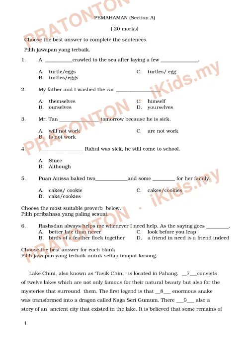 Pratonton muka 1 lembaran Ujian Bahasa Inggeris Tahun 5 — Pemahaman Bahagian A (Set B) — Bahasa Inggeris Tahun 5