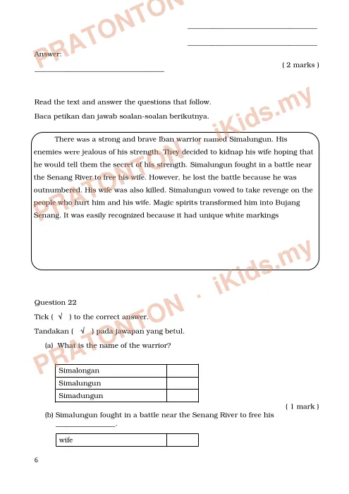Pratonton muka 6 lembaran Ujian Bahasa Inggeris Tahun 5 — Pemahaman Bahagian A (Set B) — Bahasa Inggeris Tahun 5