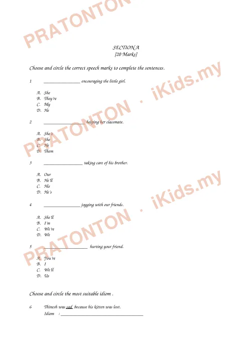 Pratonton muka 1 lembaran Ujian Bahasa Inggeris Tahun 5 — Pemahaman Bahagian A (Speech Marks) — Bahasa Inggeris Tahun 5