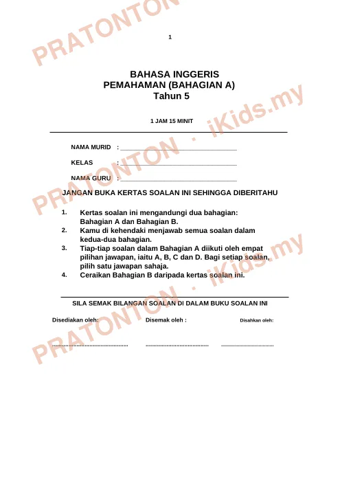 Pratonton muka 1 lembaran Ujian Bahasa Inggeris Tahun 5 — Pemahaman Bahagian A — Bahasa Inggeris Tahun 5