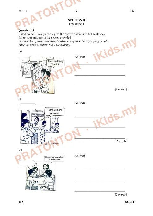 Pratonton muka 1 lembaran Ujian Bahasa Inggeris Tahun 5 — Pemahaman Bahagian B (30 Markah) — Bahasa Inggeris Tahun 5