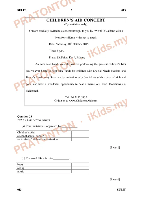 Pratonton muka 4 lembaran Ujian Bahasa Inggeris Tahun 5 — Pemahaman Bahagian B (30 Markah) — Bahasa Inggeris Tahun 5
