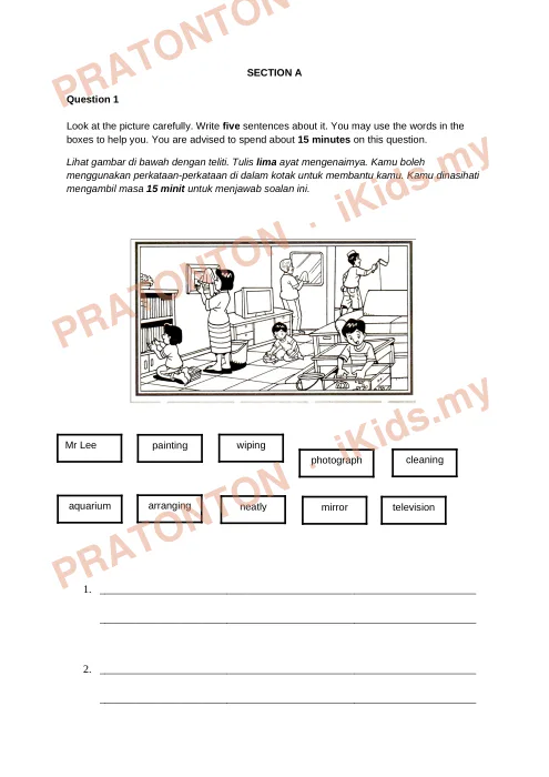 Pratonton muka 1 lembaran Ujian Bahasa Inggeris Tahun 5 — Penulisan Bahagian A (Gambar) — Bahasa Inggeris Tahun 5