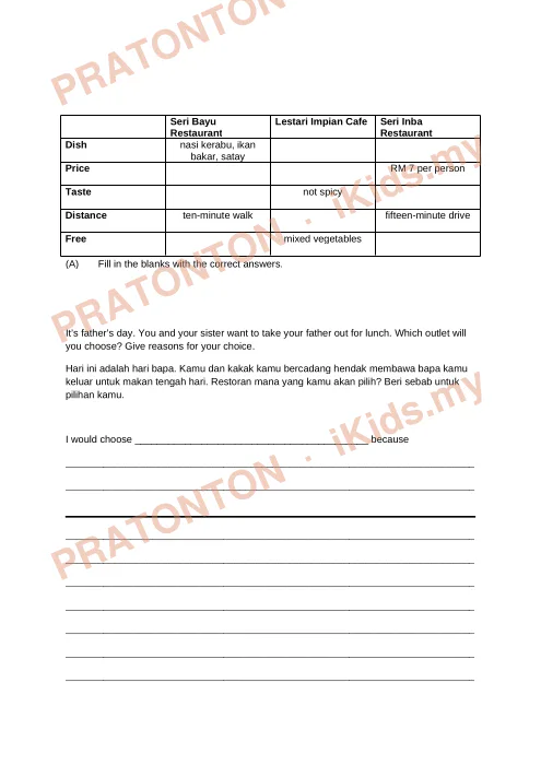 Pratonton muka 3 lembaran Ujian Bahasa Inggeris Tahun 5 — Penulisan Bahagian A (Gambar) — Bahasa Inggeris Tahun 5