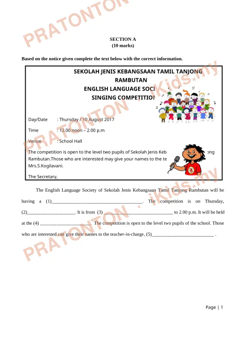Pratonton muka 1 lembaran Ujian Bahasa Inggeris Tahun 5 — Penulisan Bahagian A (Notis) — Bahasa Inggeris Tahun 5
