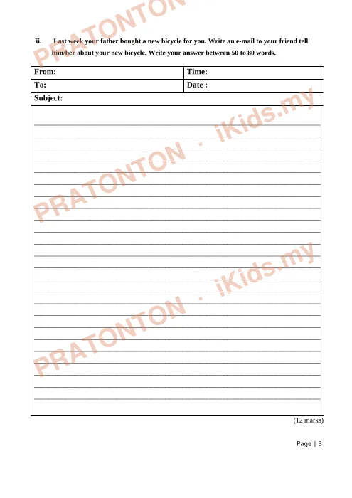 Pratonton muka 3 lembaran Ujian Bahasa Inggeris Tahun 5 — Penulisan Bahagian A (Notis) — Bahasa Inggeris Tahun 5