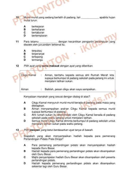 Pratonton muka 4 lembaran Ujian Bahasa Melayu Pemahaman Kedah — Bahagian A — Bahasa Melayu Tahun 6