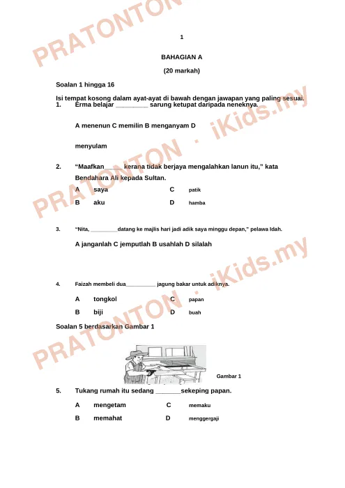 Pratonton muka 1 lembaran Ujian Bahasa Melayu Tahun 5 — Pemahaman Bahagian A (Soalan 1–16) — Bahasa Melayu Tahun 5