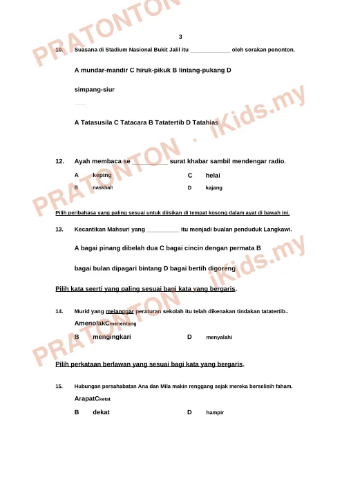 Pratonton muka 3 lembaran Ujian Bahasa Melayu Tahun 5 — Pemahaman Bahagian A (Soalan 1–16) — Bahasa Melayu Tahun 5