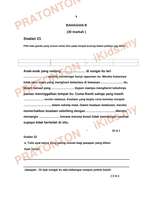 Pratonton muka 1 lembaran Ujian Bahasa Melayu Tahun 5 — Pemahaman Bahagian B (Soalan 21) — Bahasa Melayu Tahun 5
