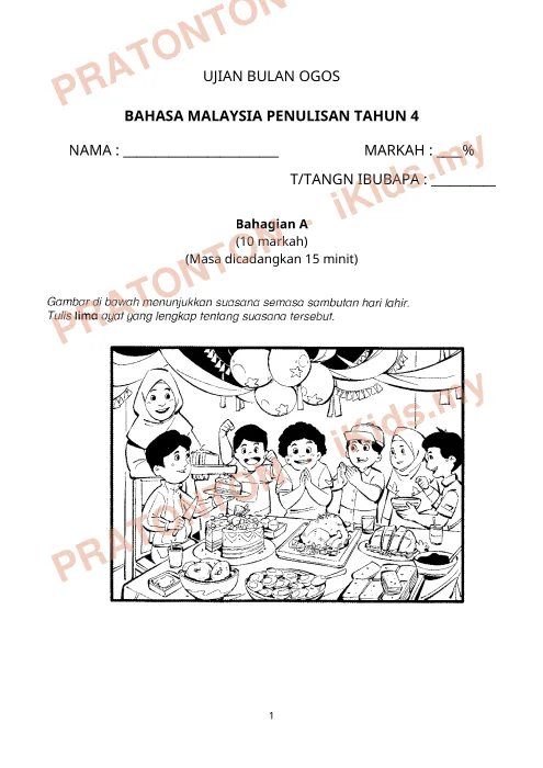 Pratonton muka 1 lembaran Ujian Bulan Ogos — Bahasa Melayu Tahun 4