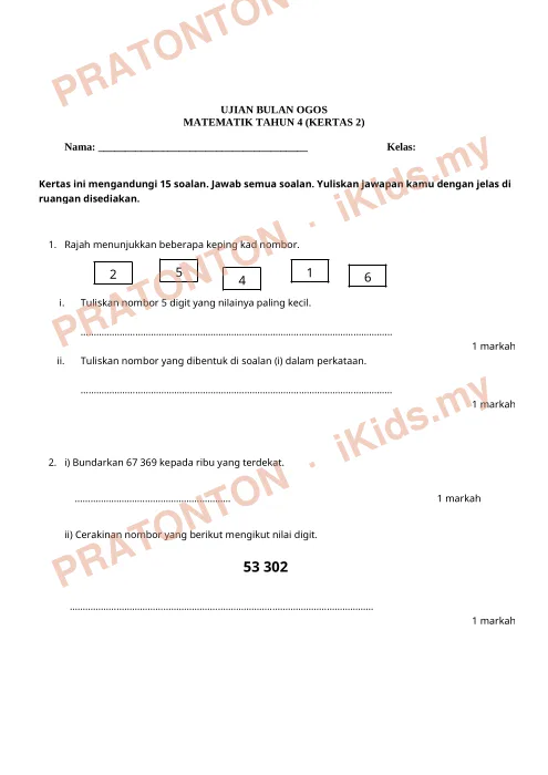 Pratonton muka 1 lembaran Ujian Bulan Ogos — Matematik Tahun 4