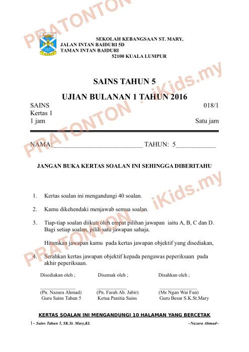 Pratonton muka 1 lembaran Ujian Bulanan 1 SK St. Mary — Sains Tahun 5 — Sains Tahun 5