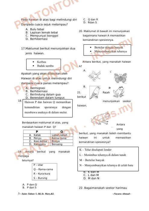 Pratonton muka 5 lembaran Ujian Bulanan 1 SK St. Mary — Sains Tahun 5 — Sains Tahun 5