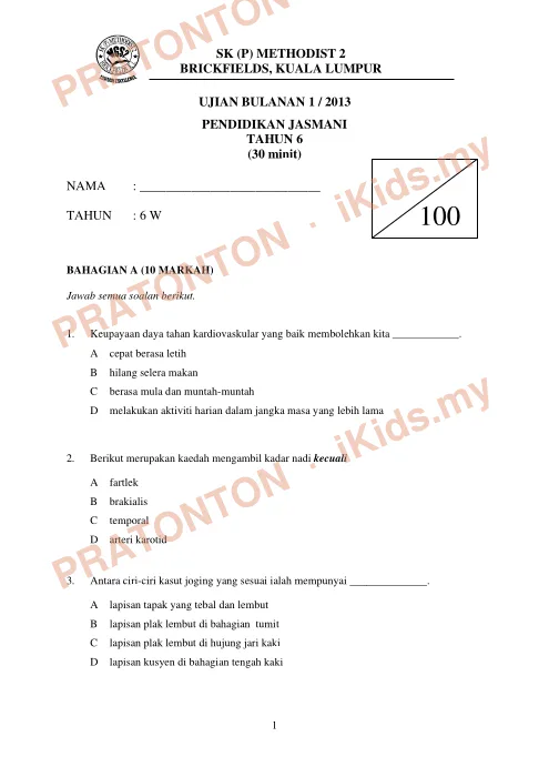 Pratonton muka 1 lembaran Ujian Bulanan 1 SK(P) Methodist 2 — PJPK Tahun 6 (Versi B) — Pendidikan Kesihatan Tahun 6