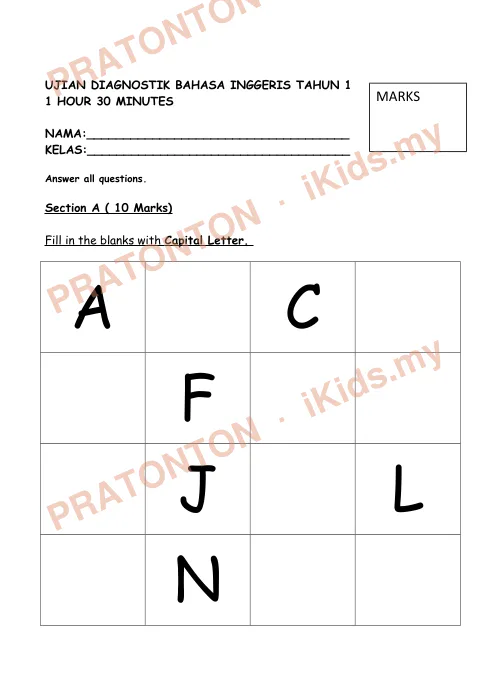 Pratonton muka 1 lembaran UJIAN DIAGNOSTIK BAHASA INGGERIS TAHUN 1 — Bahasa Inggeris Tahun 1