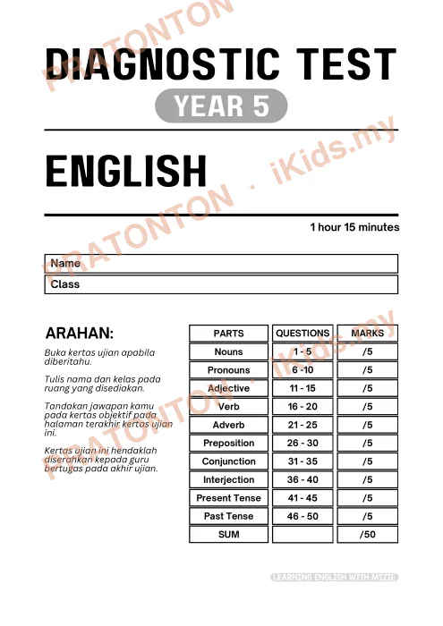 Pratonton muka 1 lembaran Ujian Diagnostik Bahasa Inggeris Tahun 5 — Bahasa Inggeris Tahun 5