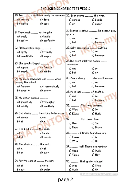 Pratonton muka 3 lembaran Ujian Diagnostik Bahasa Inggeris Tahun 5 — Bahasa Inggeris Tahun 5
