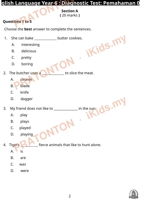 Pratonton muka 1 lembaran Ujian Diagnostik Bahasa Inggeris Tahun 6 — Pemahaman — Bahasa Inggeris Tahun 6