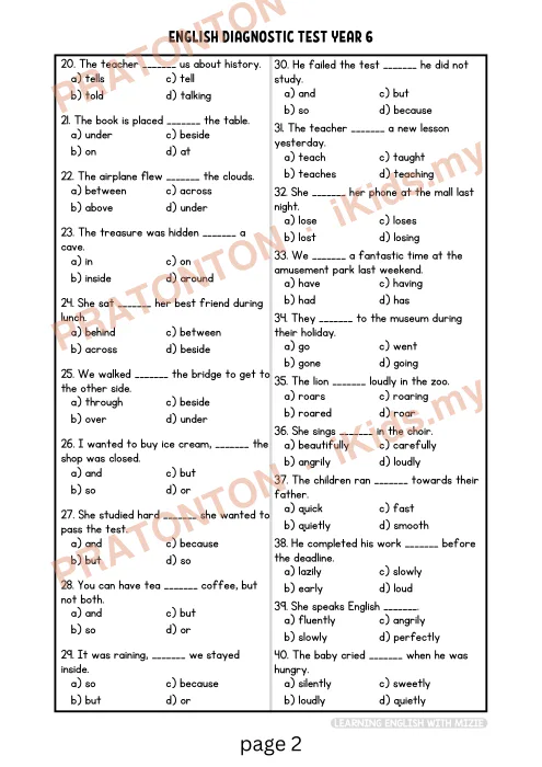 Pratonton muka 3 lembaran Ujian Diagnostik Bahasa Inggeris Tahun 6 — Bahasa Inggeris Tahun 6