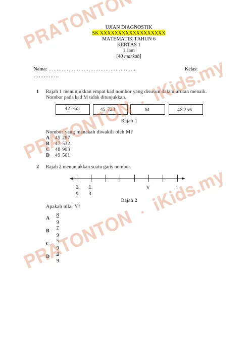 Pratonton muka 1 lembaran Ujian Diagnostik Matematik Tahun 6 — Kertas 1 — Matematik Tahun 6