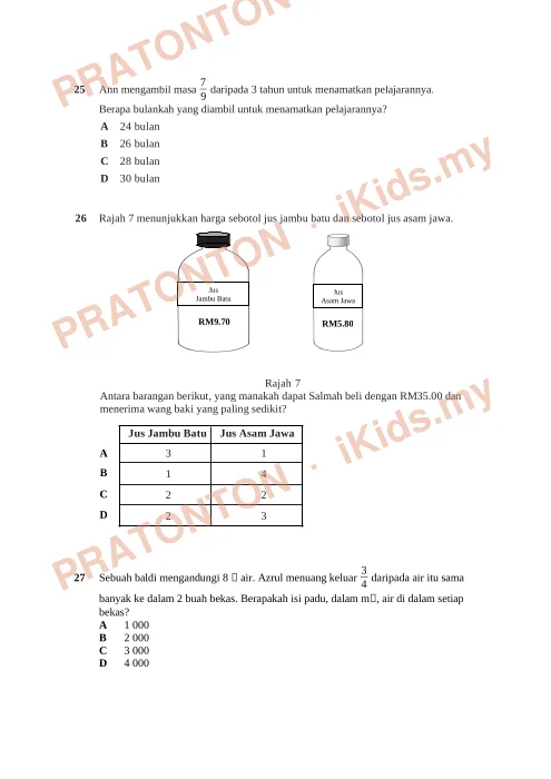 Pratonton muka 9 lembaran Ujian Diagnostik Matematik Tahun 6 — Kertas 1 — Matematik Tahun 6