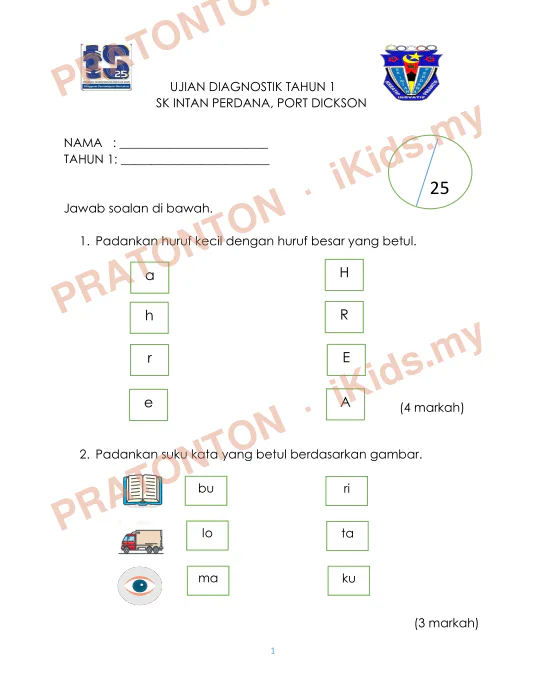 Pratonton muka 1 lembaran UJIAN DIAGNOSTIK TAHUN 1 — Bahasa Melayu Tahun 1