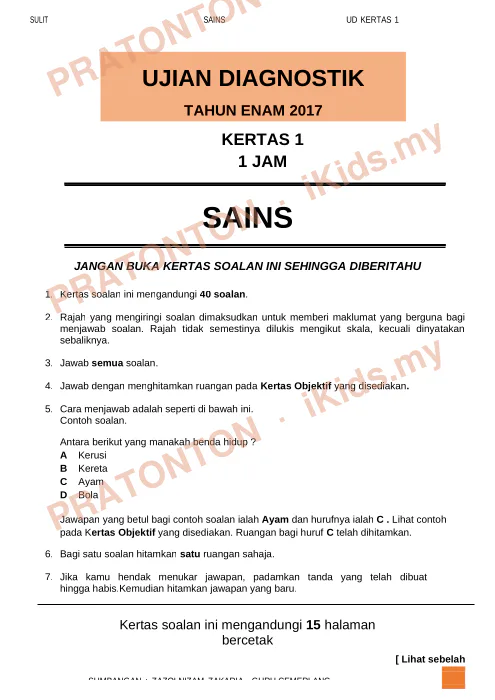 Pratonton muka 1 lembaran Ujian Diagnostik Tahun 6 2017 — Sains Kertas 1 — Sains Tahun 6
