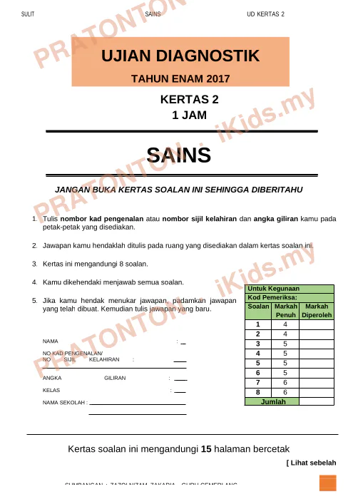 Pratonton muka 1 lembaran Ujian Diagnostik Tahun 6 2017 — Sains Kertas 2 — Sains Tahun 6