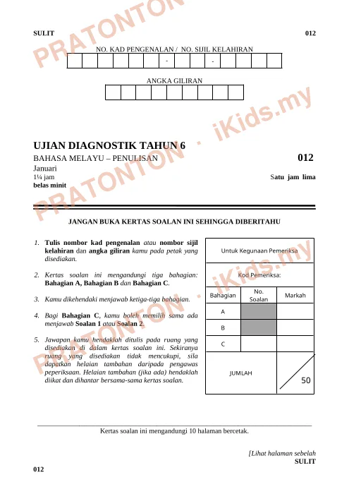 Pratonton muka 1 lembaran Ujian Diagnostik Tahun 6 — Bahasa Melayu Penulisan — Bahasa Melayu Tahun 6
