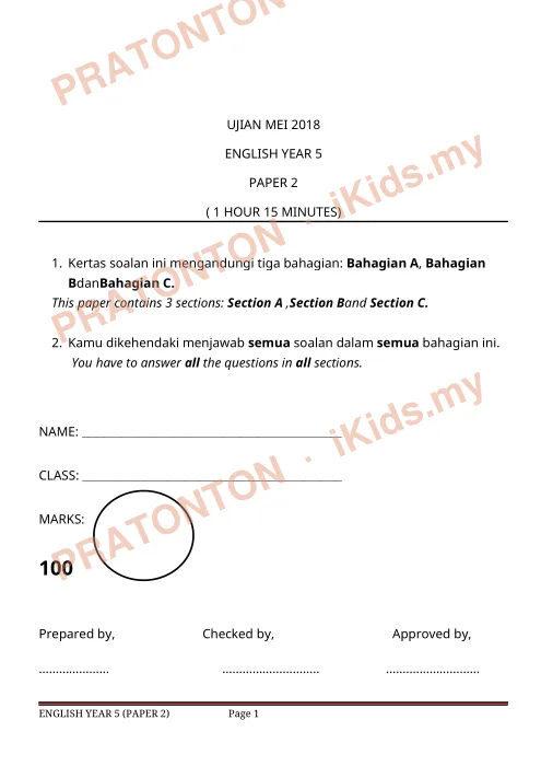 Pratonton muka 1 lembaran Ujian Mei 2018 — Bahasa Inggeris Tahun 5 Kertas 2 — Bahasa Inggeris Tahun 5