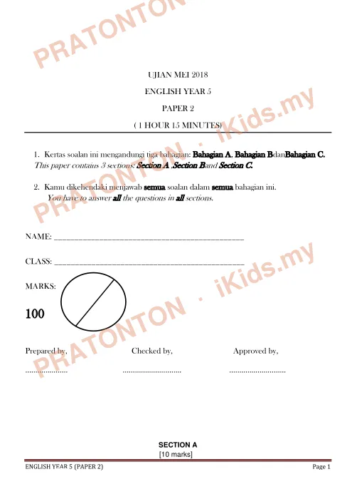 Pratonton muka 1 lembaran Ujian Mei 2018 — Bahasa Inggeris Tahun 5 Penulisan — Bahasa Inggeris Tahun 5