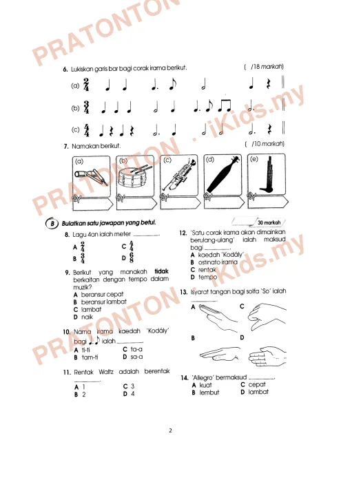 Pratonton muka 2 lembaran Ujian Muzik 10 — Pendidikan Kesenian Tahun 4