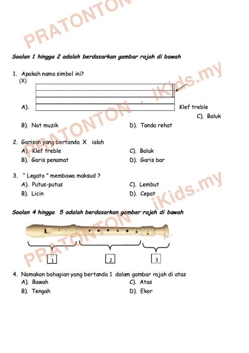 Pratonton muka 1 lembaran Ujian Muzik 3 — Pendidikan Kesenian Tahun 4