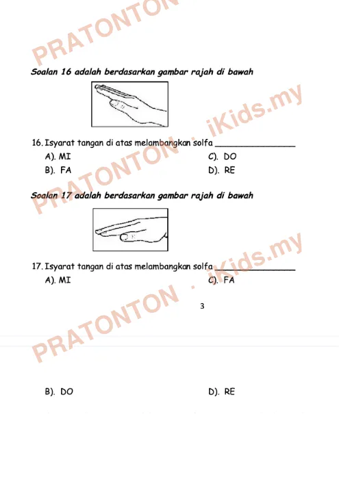 Pratonton muka 5 lembaran Ujian Muzik 3 — Pendidikan Kesenian Tahun 4