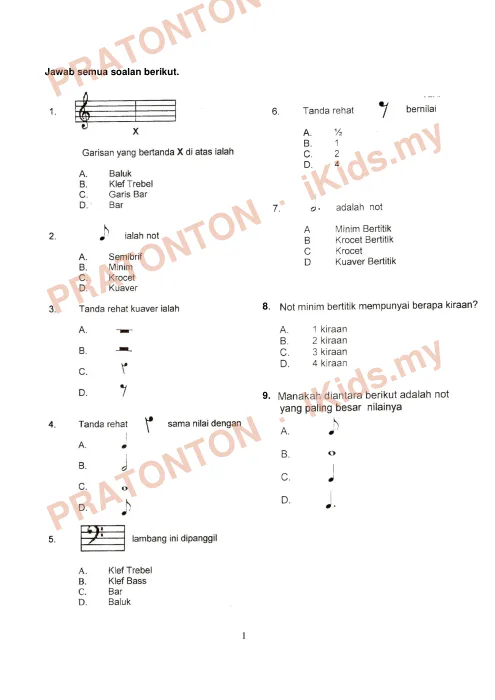 Pratonton muka 1 lembaran Ujian Muzik 9 — Pendidikan Kesenian Tahun 4