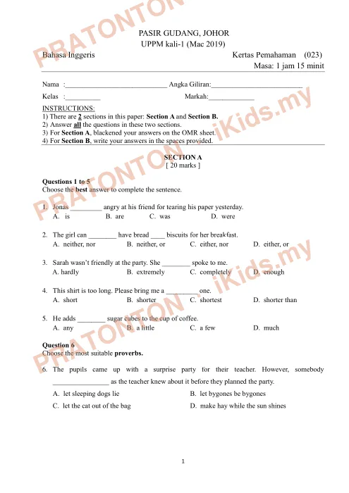 Pratonton muka 1 lembaran Ujian Pemantauan Prestasi Murid Pasir Gudang 2019 — Bahasa Inggeris Pemahaman — Bahasa Inggeris Tahun 6