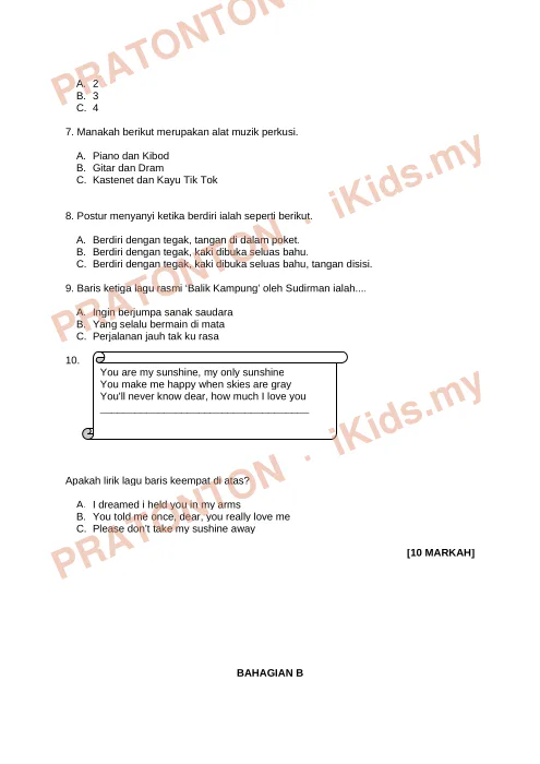Pratonton muka 3 lembaran Ujian Pendidikan Kesenian 1 — Pendidikan Kesenian Tahun 4