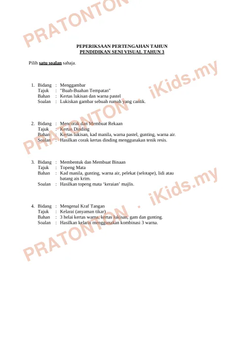 Pratonton muka 1 lembaran Ujian Pendidikan Kesenian — Pendidikan Kesenian Tahun 3