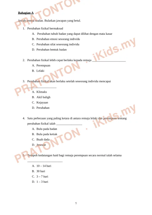 Pratonton muka 1 lembaran Ujian Pendidikan Kesihatan Tahun 6 — Bahagian A — Pendidikan Kesihatan Tahun 6