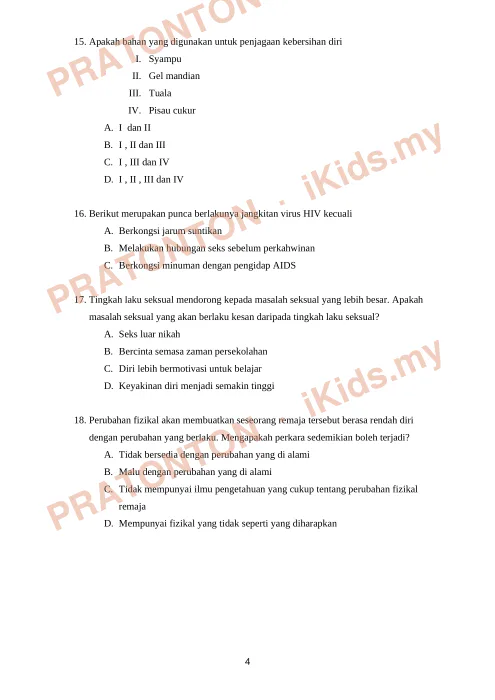Pratonton muka 4 lembaran Ujian Pendidikan Kesihatan Tahun 6 — Bahagian A — Pendidikan Kesihatan Tahun 6