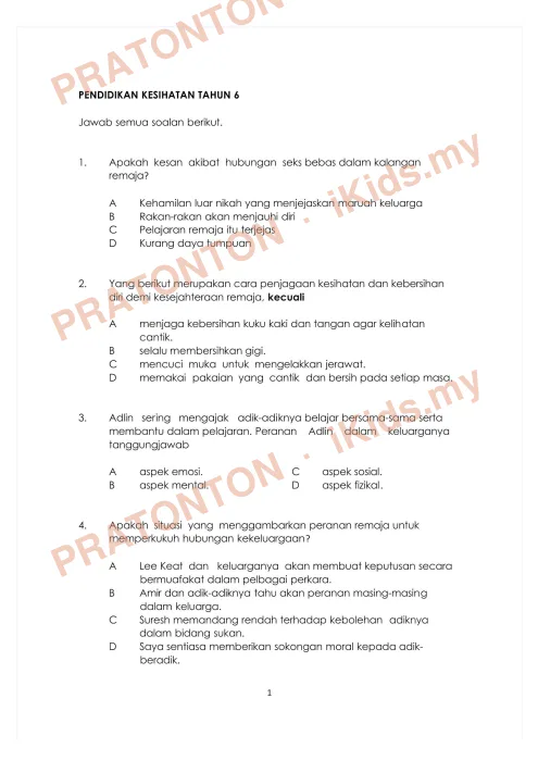 Pratonton muka 1 lembaran Ujian Pendidikan Kesihatan Tahun 6 — Kesihatan Diri dan Reproduktif — Pendidikan Kesihatan Tahun 6