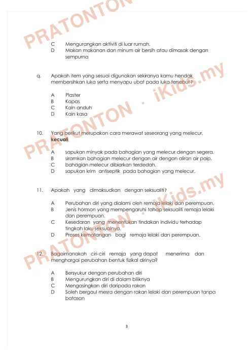 Pratonton muka 3 lembaran Ujian Pendidikan Kesihatan Tahun 6 — Kesihatan Diri dan Reproduktif — Pendidikan Kesihatan Tahun 6