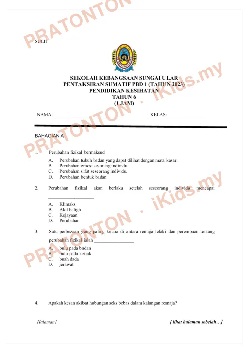 Pratonton muka 1 lembaran Ujian Pendidikan Kesihatan -  Tahun 6 — Pendidikan Kesihatan Tahun 6
