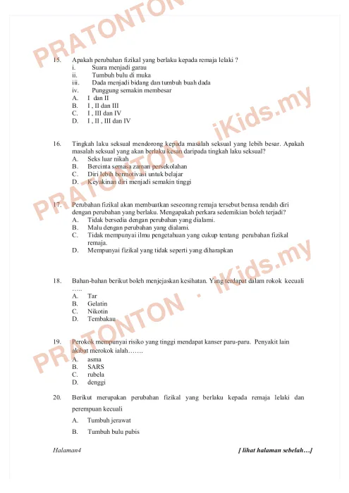 Pratonton muka 4 lembaran Ujian Pendidikan Kesihatan -  Tahun 6 — Pendidikan Kesihatan Tahun 6